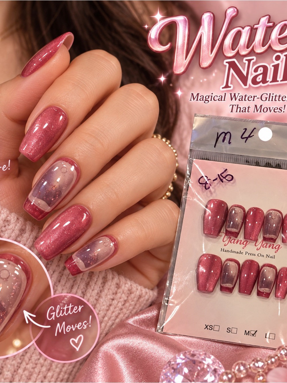 Pink Glitter Water Press On Nails Medium Liquid Moving Glitter Accent Nails